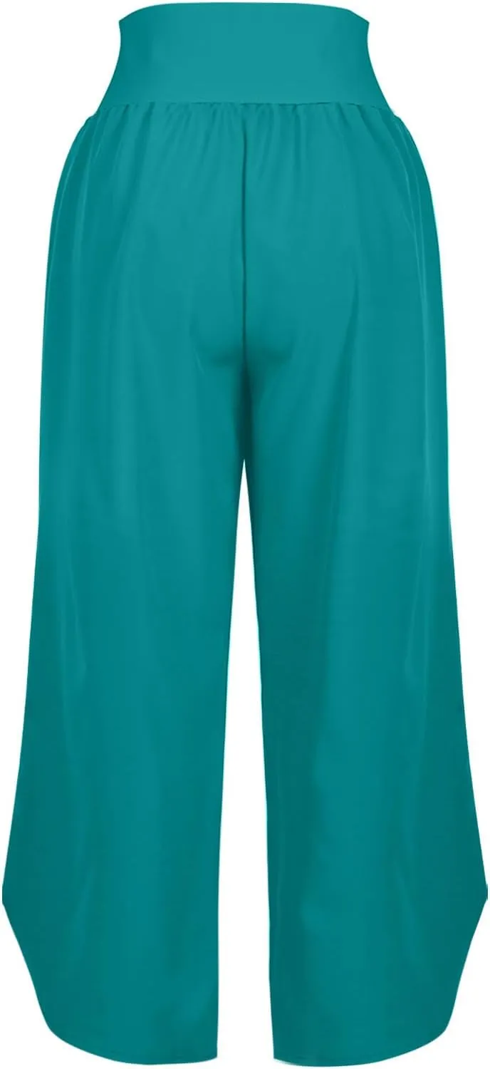 High Waist Capri Pants for Women Wide Leg Flowy Cropped Trousers Slim Fit Slit Hem Capris Casual Summer Crop