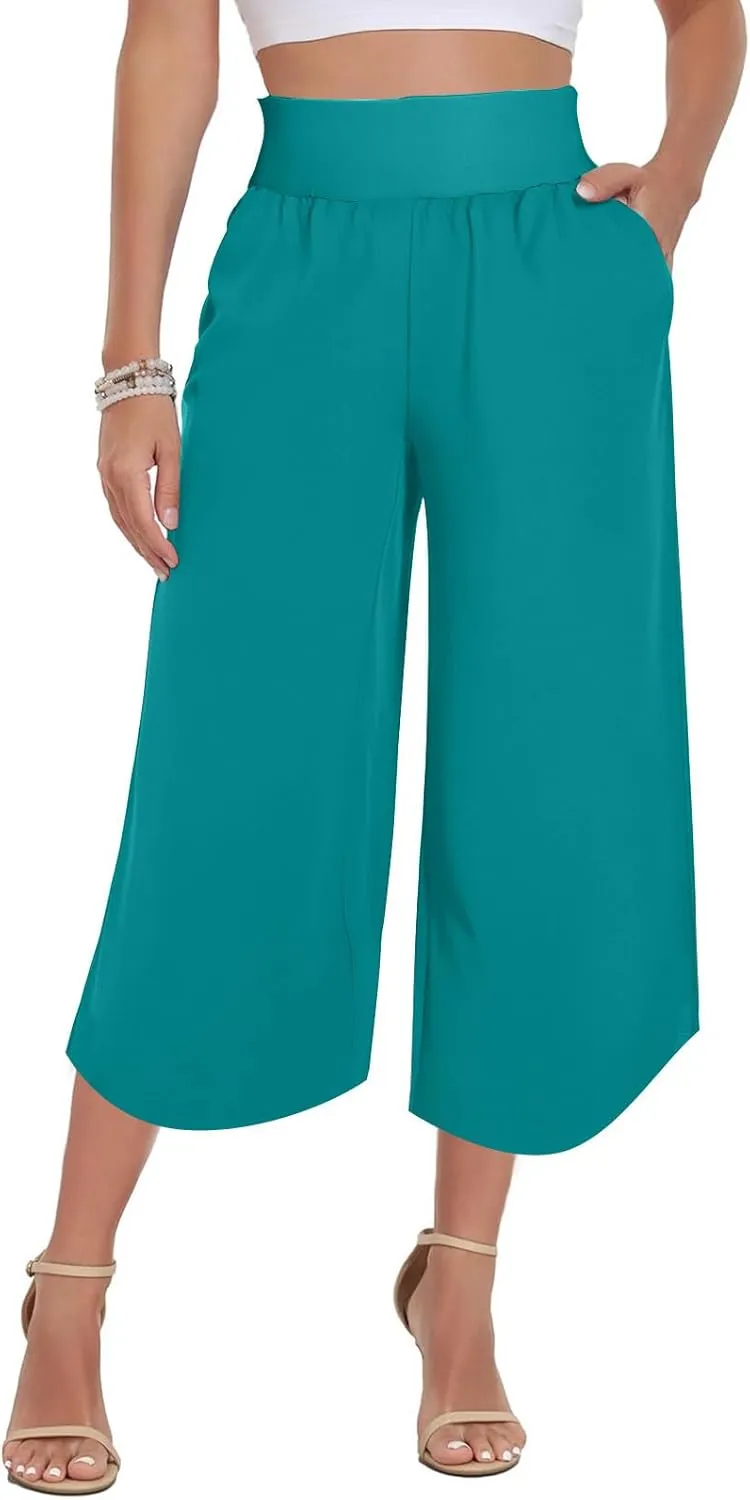 High Waist Capri Pants for Women Wide Leg Flowy Cropped Trousers Slim Fit Slit Hem Capris Casual Summer Crop