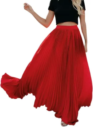 High Waist Skirt Womens Fashion High Waist Fold Soild Vintage Loose Beach Wrap Maxi Long Skirt (Red, M)