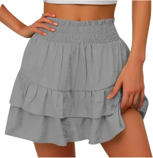 High Waisted Skirt for Women Ruffle Hem Flowy Stretchy Summer Mini Skirt Casual A Line Swing Beach Mini Short Skirt