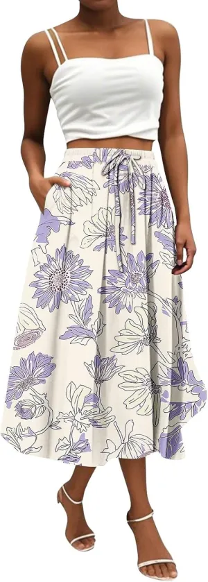 High Waisted Skirts for Women Trendy Elastic Waist Skirts Midi Length Floral 2025 Summer Boho Skirt with Pockets