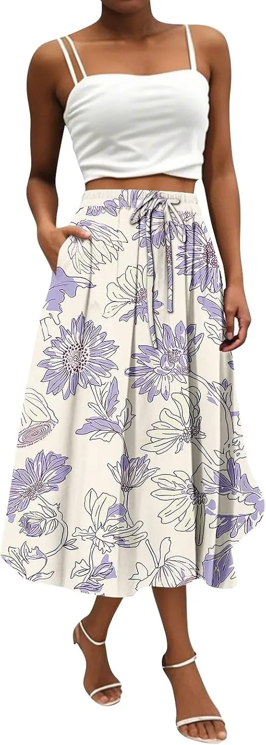 High Waisted Skirts for Women Trendy Elastic Waist Skirts Midi Length Floral 2025 Summer Boho Skirt with Pockets