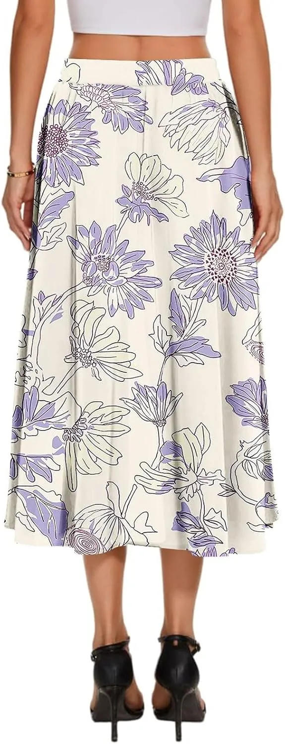 High Waisted Skirts for Women Trendy Elastic Waist Skirts Midi Length Floral 2025 Summer Boho Skirt with Pockets
