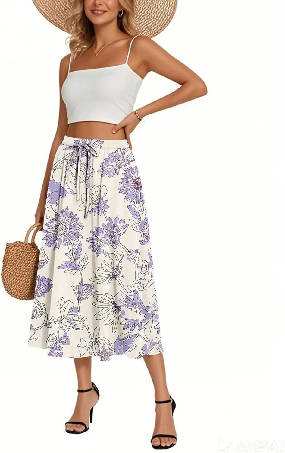 High Waisted Skirts for Women Trendy Elastic Waist Skirts Midi Length Floral 2025 Summer Boho Skirt with Pockets