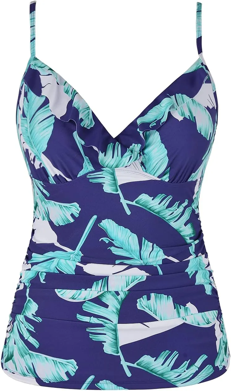 Hilor Women's Tankini Tops Shirred Ruffled Swimsuits V Neck Swimwear Top