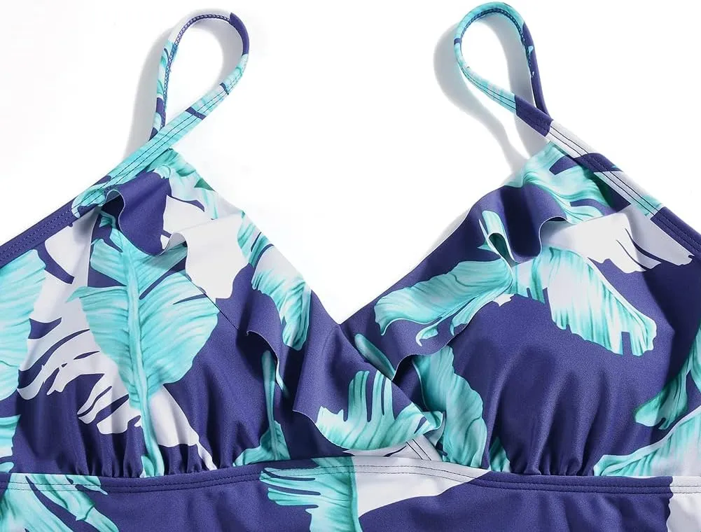 Hilor Women's Tankini Tops Shirred Ruffled Swimsuits V Neck Swimwear Top