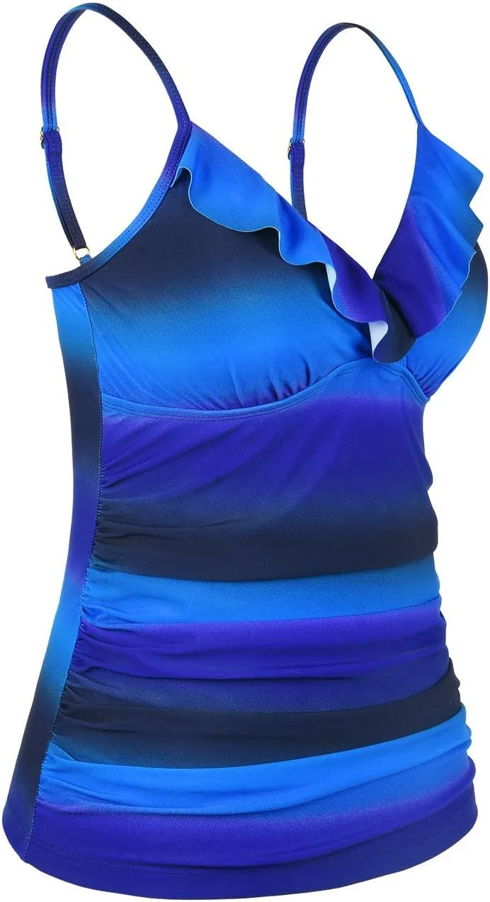 Hilor Women's Tankini Tops Shirred Ruffled Swimsuits V Neck Swimwear Top