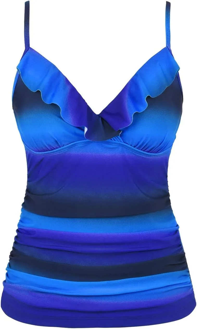 Hilor Women's Tankini Tops Shirred Ruffled Swimsuits V Neck Swimwear Top