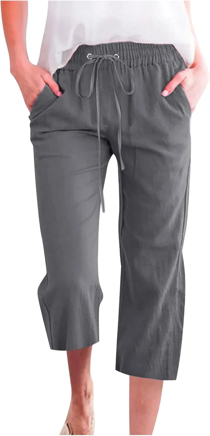 hlysgo Cotton Linen Capri Pants for Women High Waisted Drawstring Casual Capris Summer Loose Comfy Beach Cropped Trouser