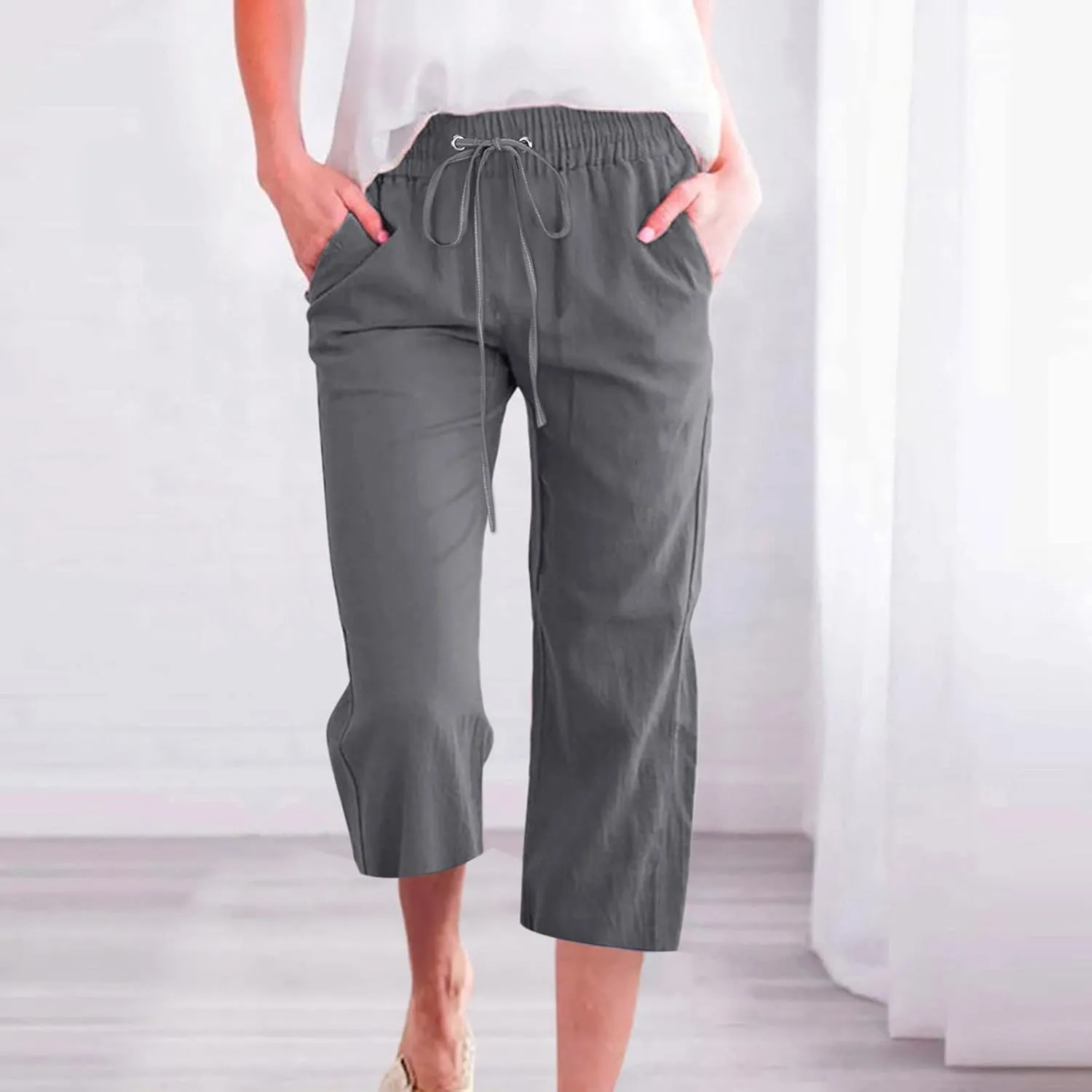 hlysgo Cotton Linen Capri Pants for Women High Waisted Drawstring Casual Capris Summer Loose Comfy Beach Cropped Trouser