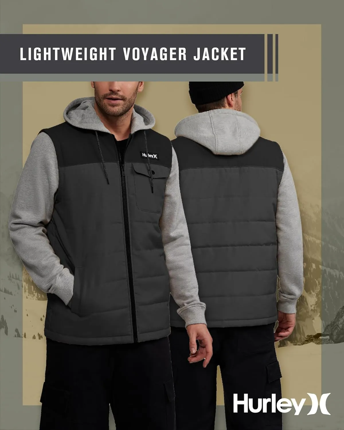 Hurley Men's Voyager Jacket - Lightweight Hooded Quilted Canvas Sweater Vest Jacket - Insulated Utility Jacket for Men (S-XL)