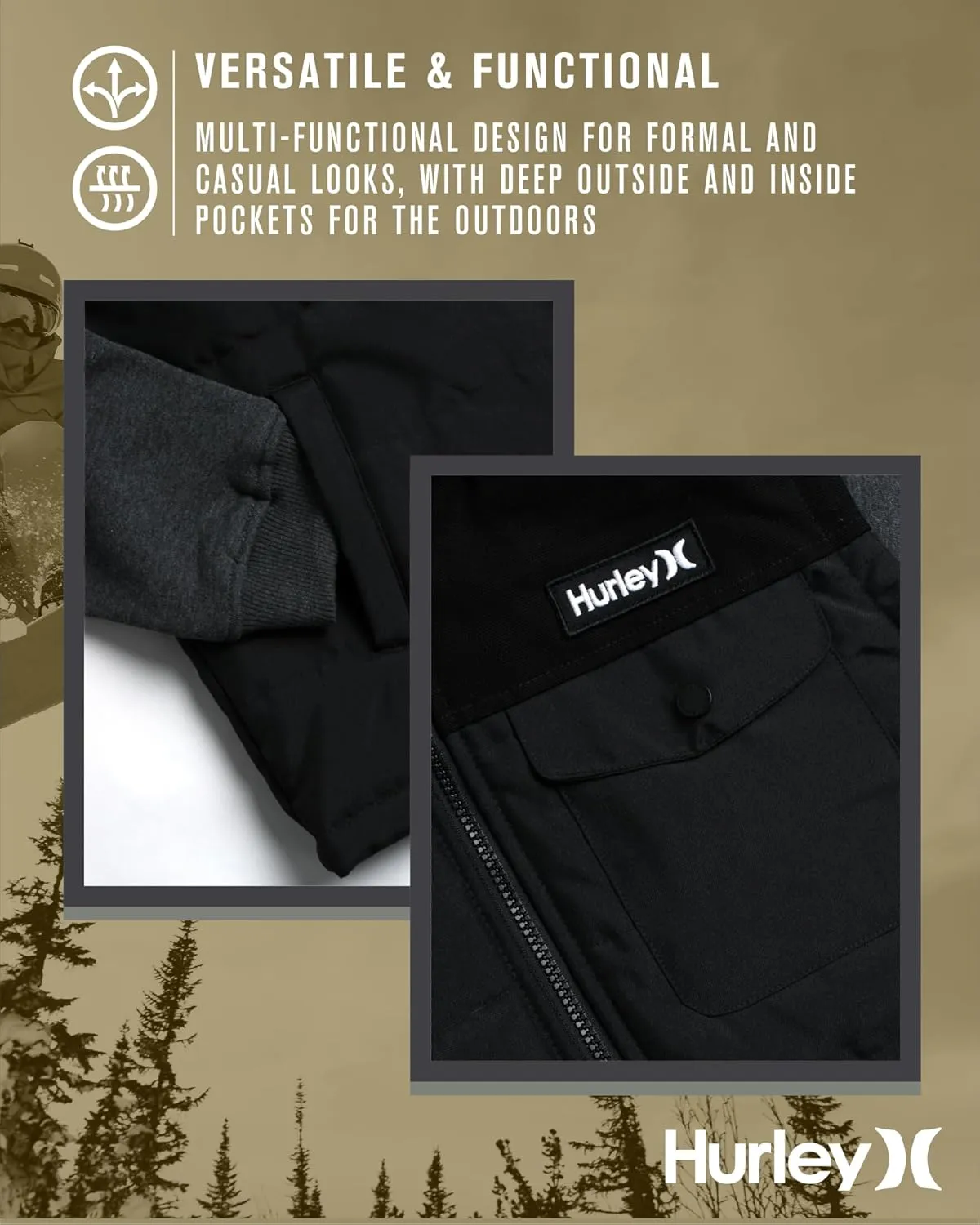 Hurley Men's Voyager Jacket - Lightweight Hooded Quilted Canvas Sweater Vest Jacket - Insulated Utility Jacket for Men (S-XL)