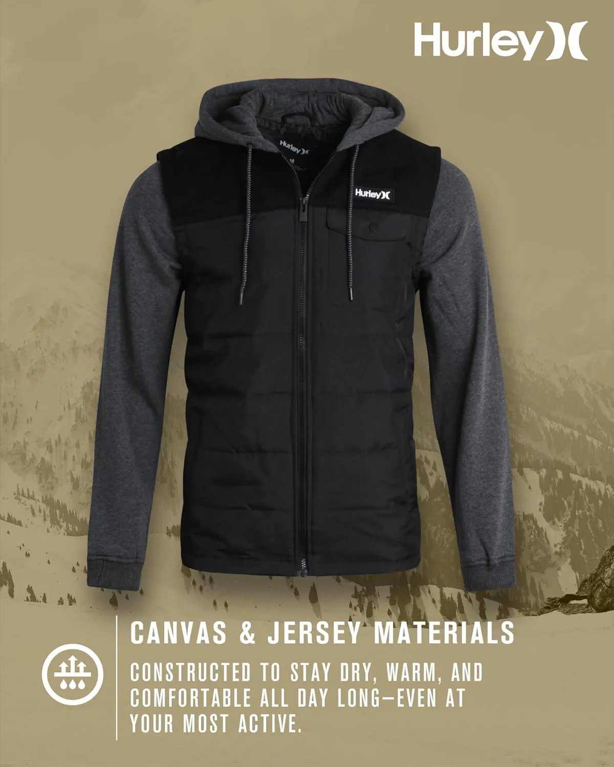 Hurley Men's Voyager Jacket - Lightweight Hooded Quilted Canvas Sweater Vest Jacket - Insulated Utility Jacket for Men (S-XL)
