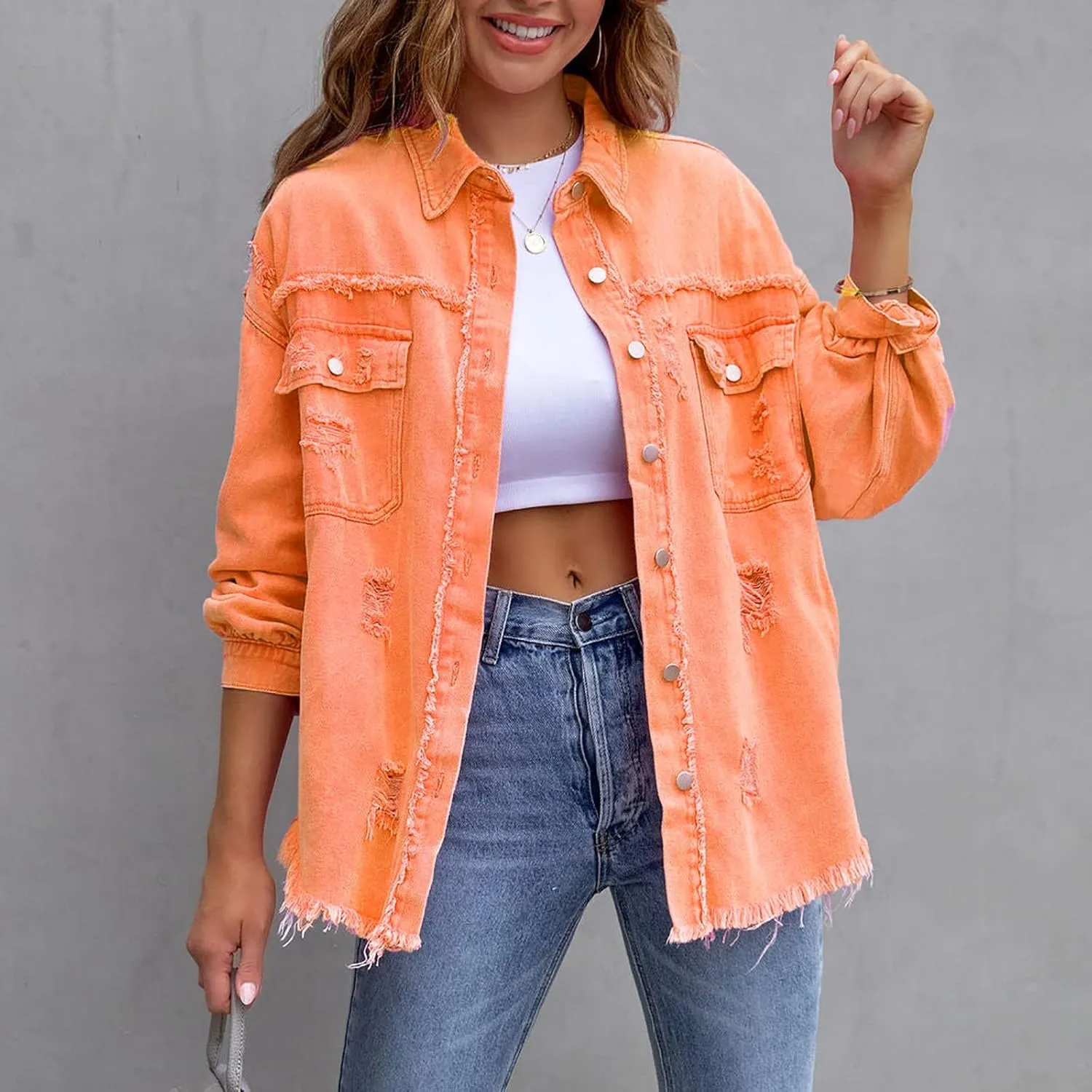 Jackets To Wear Over Dresses Women's Trendy Ripped Oversized Denim Jacket Casual Long Boyfriend Denim Shirt Dress