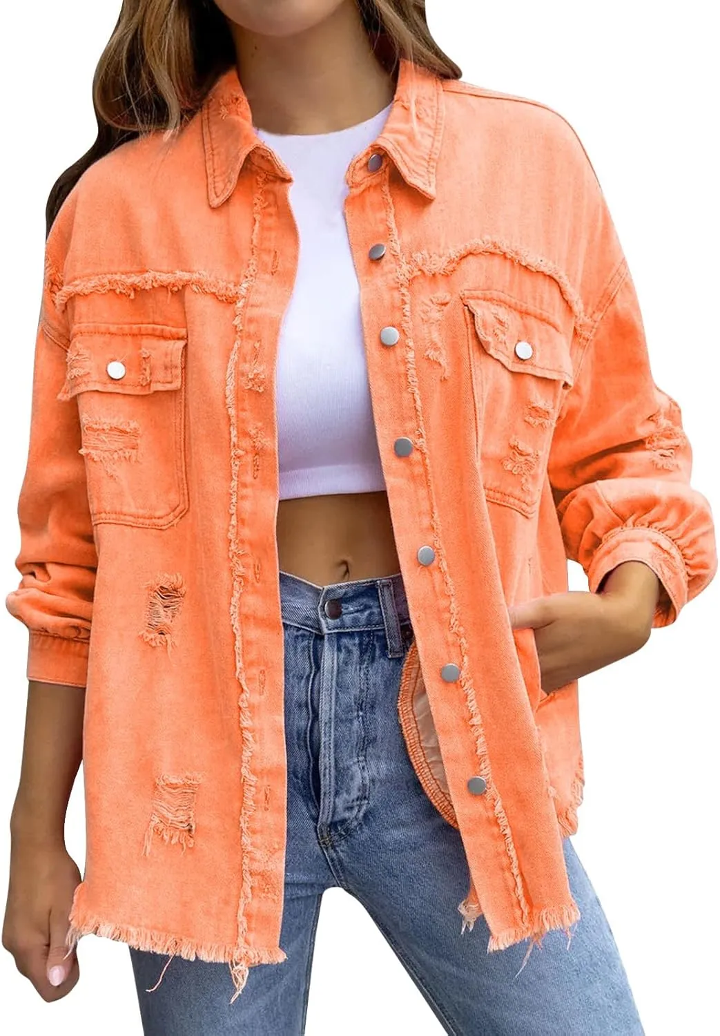 Jackets To Wear Over Dresses Women's Trendy Ripped Oversized Denim Jacket Casual Long Boyfriend Denim Shirt Dress