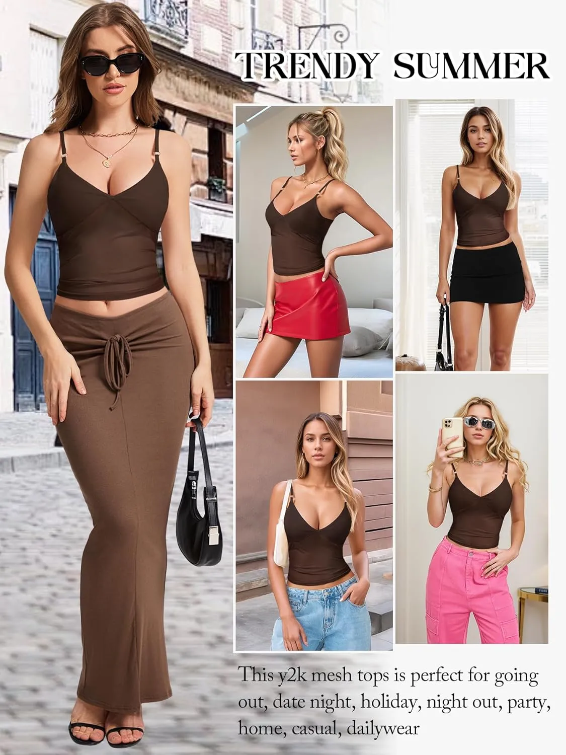 Jenbou Women's Y2K Mesh Tank Top Sexy Going Out Outfits V Neck Spaghetti Strap Camisole Backless Summer Tops Shirt