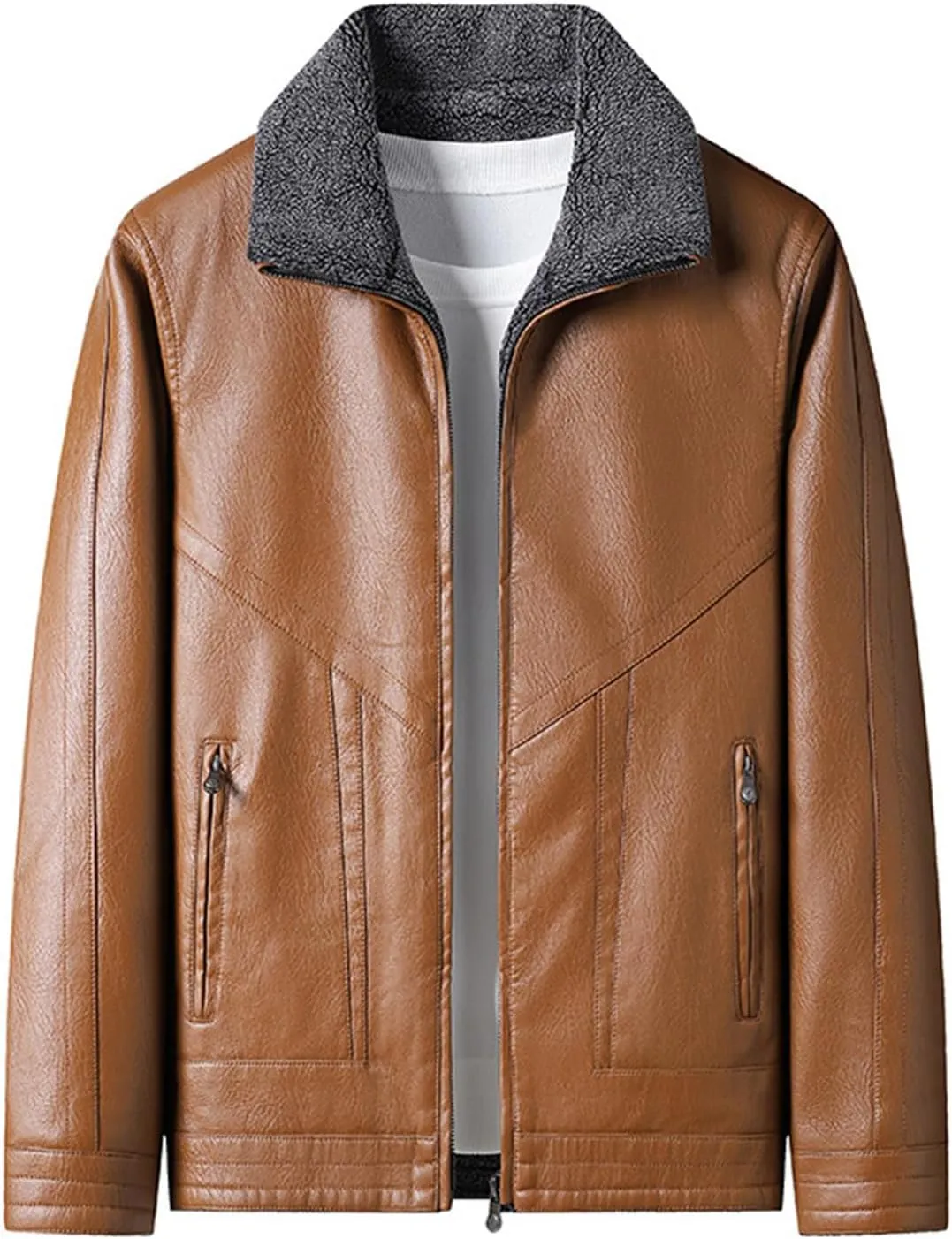 JEsilunmaMY Men's Fur Collar Winter Leather Jacket Full Zip Fleece Lined Lapel Sherpa Coat Slim Fit Casual Bomber Outwear