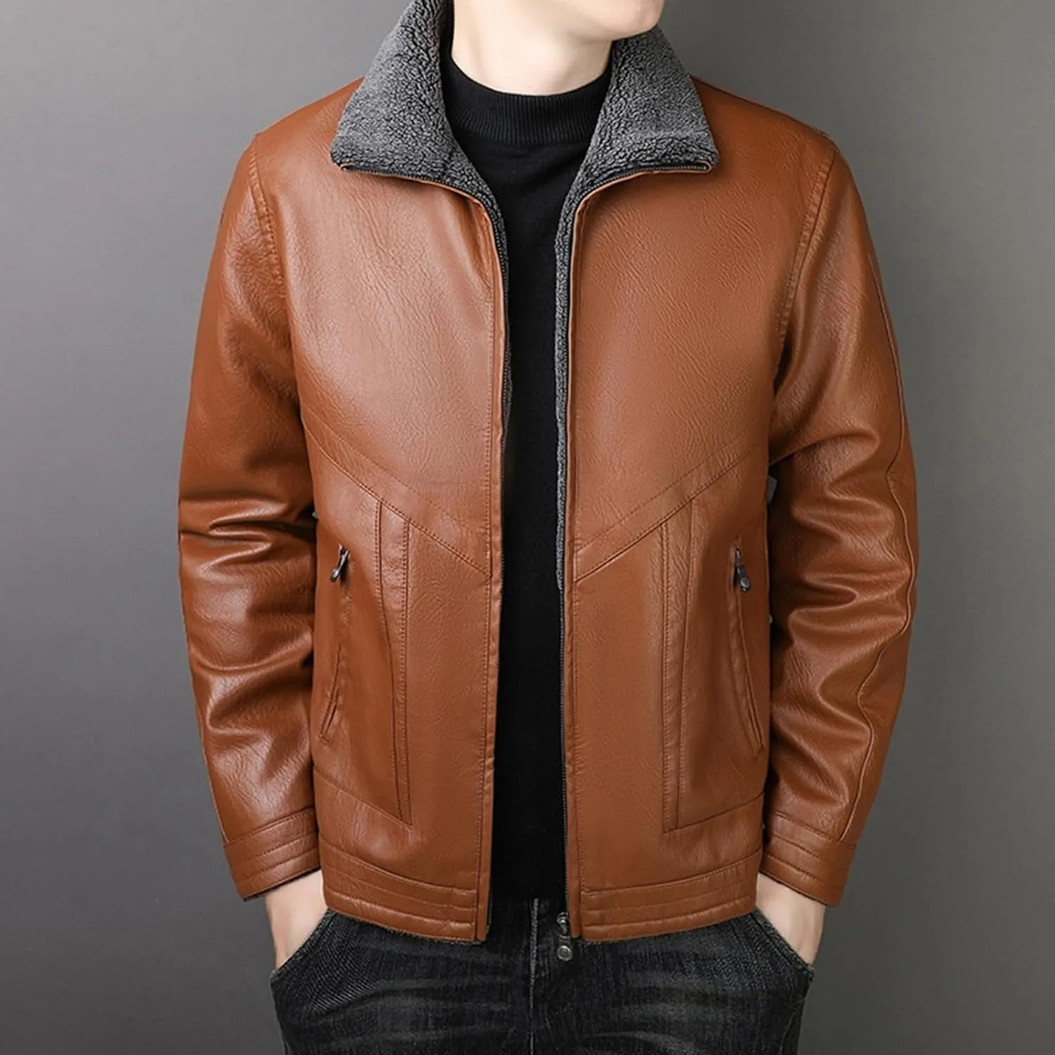 JEsilunmaMY Men's Fur Collar Winter Leather Jacket Full Zip Fleece Lined Lapel Sherpa Coat Slim Fit Casual Bomber Outwear