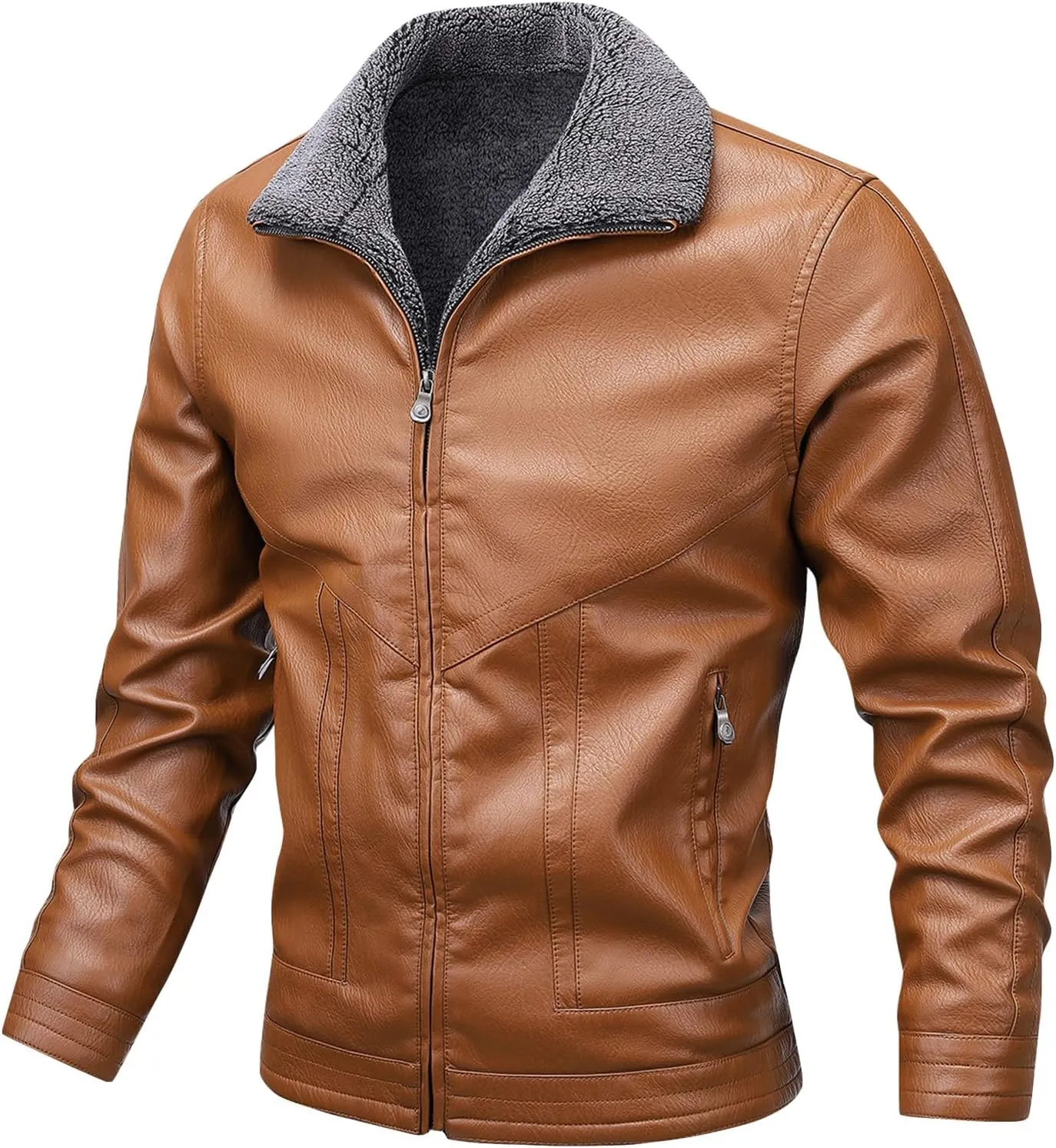 JEsilunmaMY Men's Fur Collar Winter Leather Jacket Full Zip Fleece Lined Lapel Sherpa Coat Slim Fit Casual Bomber Outwear