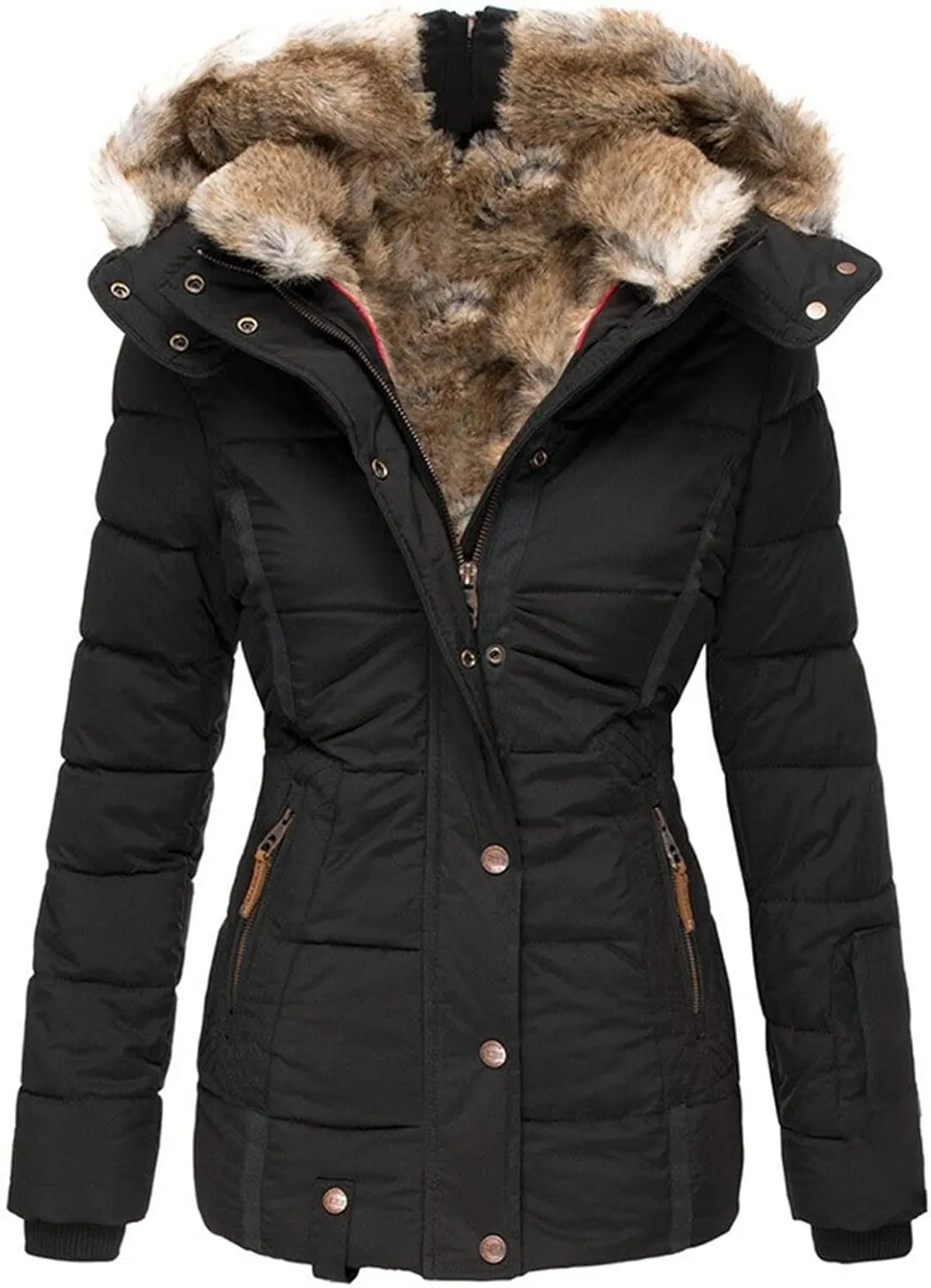 JEsilunmaMY Women's Winter Military Hooded Coats Long Sleeve Slim Fit Fleece Parkas Anoraks Warm Thicken Cotton Puffer Jacket