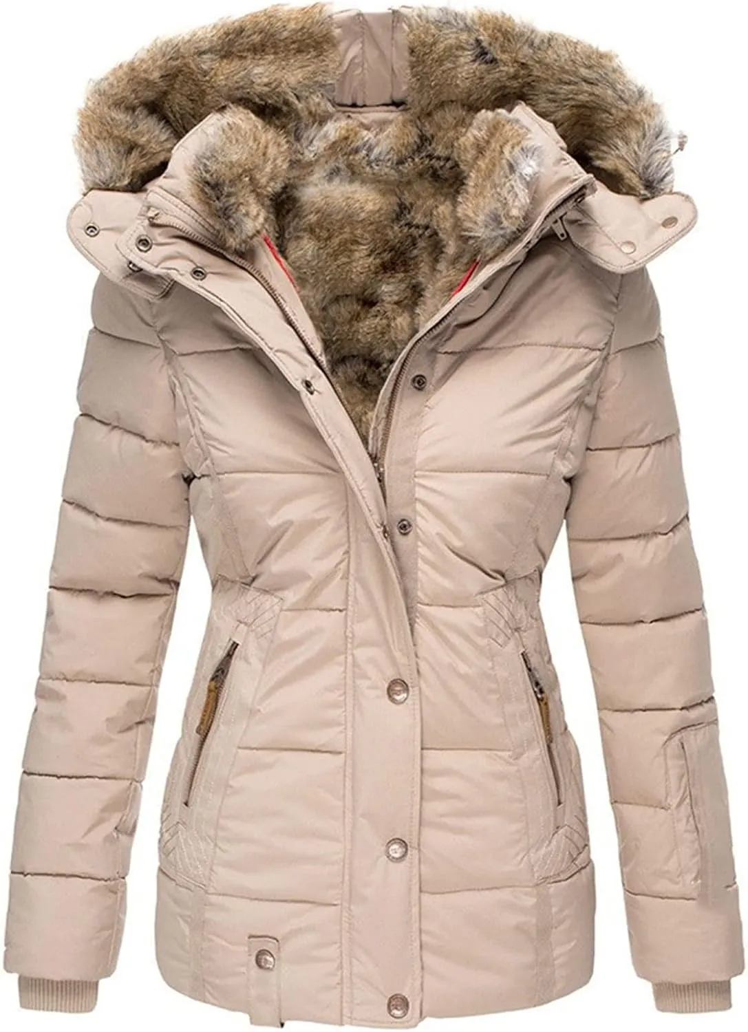JEsilunmaMY Women's Winter Military Hooded Coats Long Sleeve Slim Fit Fleece Parkas Anoraks Warm Thicken Cotton Puffer Jacket