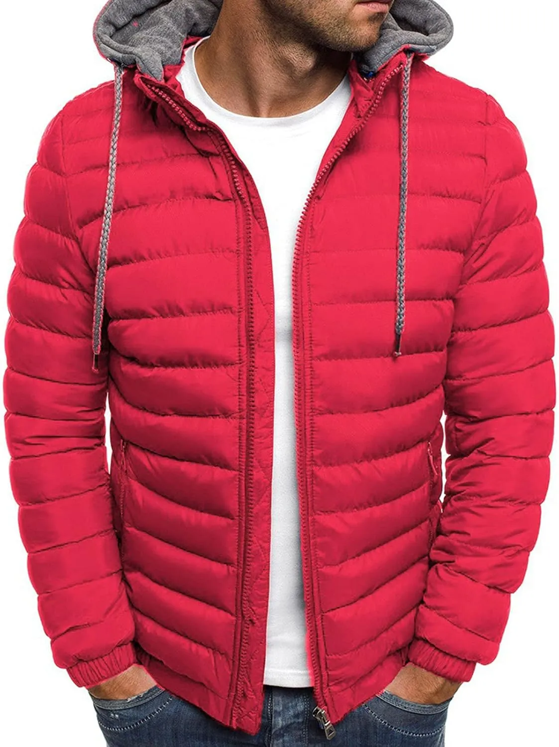 Karwuiio Men Winter Down Jackets & Coats Long Sleeves Solid Color Zip-Up Puffer Hooded Coats with Pockets