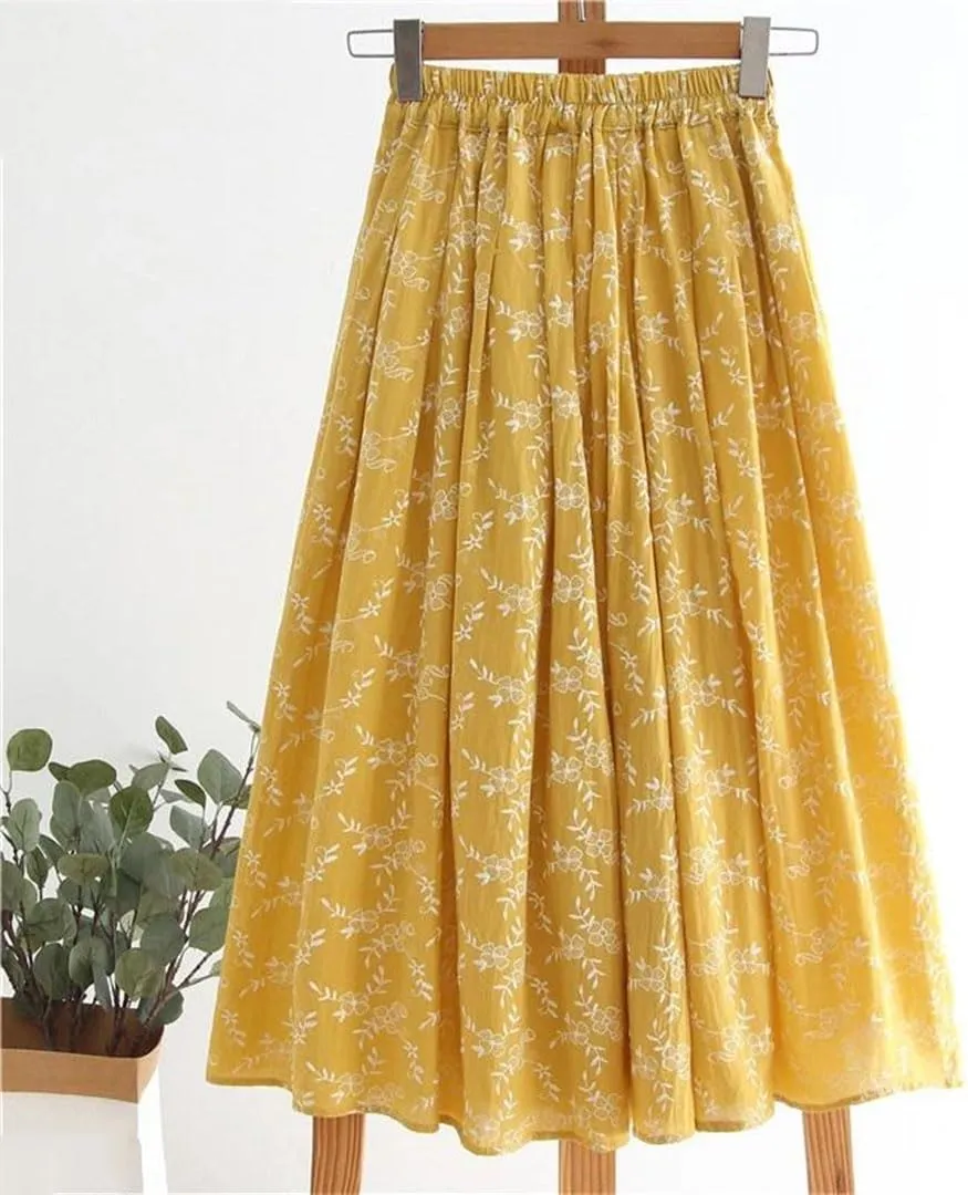 Korean Style Floral Print Pleated Long Skirts Vintage Women Elastic High Waist Midi Skirt