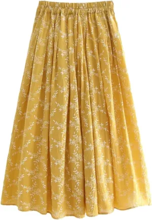 Korean Style Floral Print Pleated Long Skirts Vintage Women Elastic High Waist Midi Skirt
