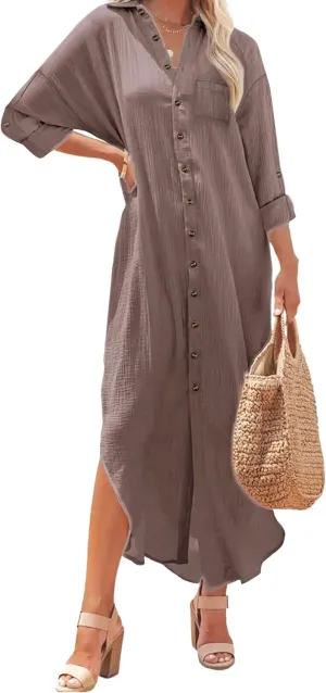 Kuraki Women's Casual Print Button Front Maxi Shirt Dress