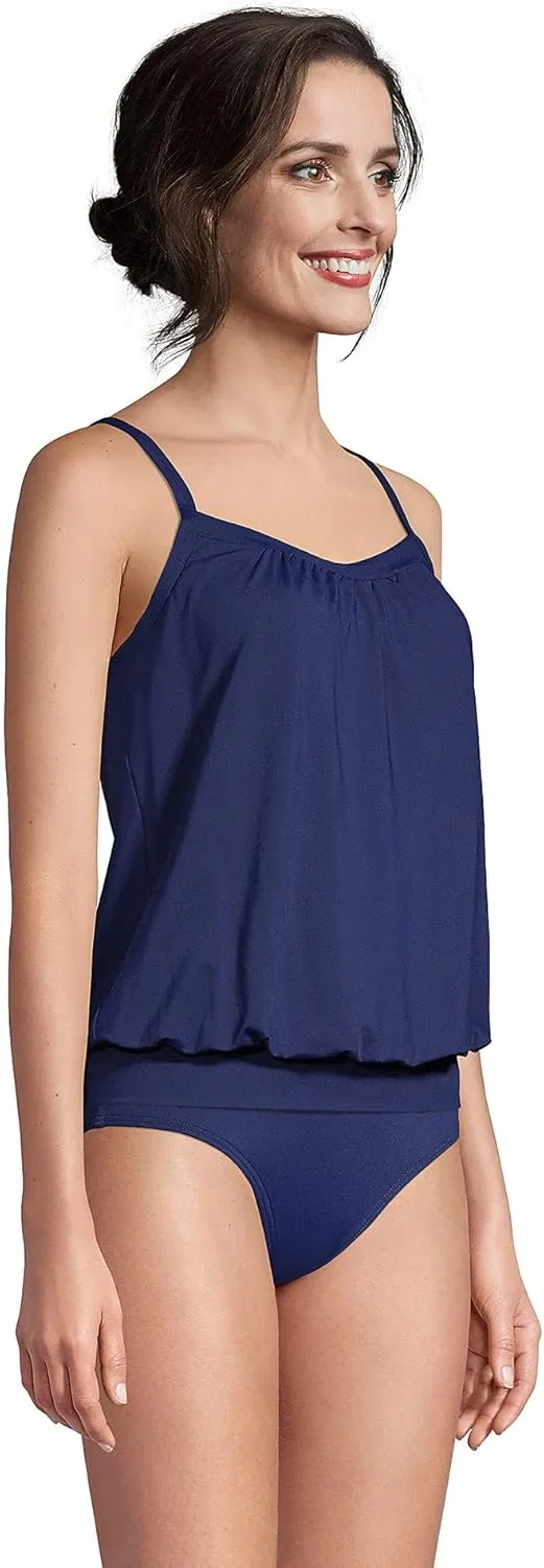 Lands' End Women's Blouson Tummy Hiding Tankini Top Swimsuit Adjustable Straps