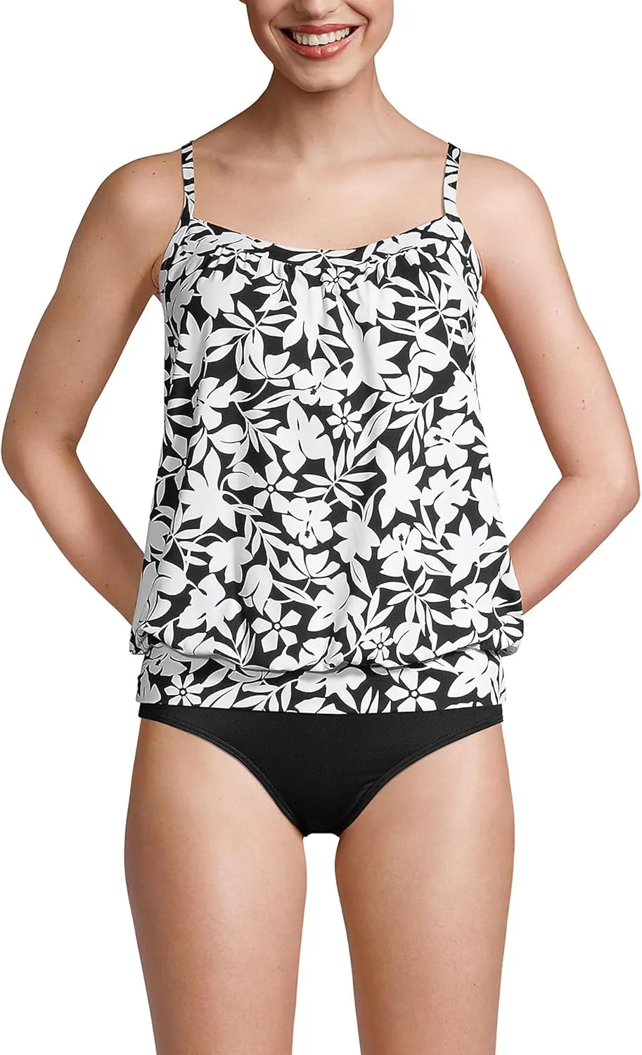 Lands' End Women's Blouson Tummy Hiding Tankini Top Swimsuit Adjustable Straps