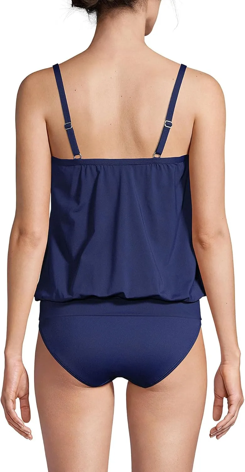 Lands' End Women's Blouson Tummy Hiding Tankini Top Swimsuit Adjustable Straps