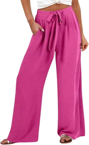 Lastesso Palazzo Pants for Women Casual Linen Wide Leg Business Trousers with Pockets Belted Fold Pleated Lounge Outfits