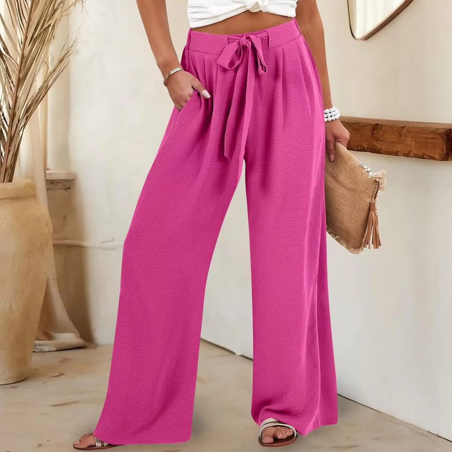 Lastesso Palazzo Pants for Women Casual Linen Wide Leg Business Trousers with Pockets Belted Fold Pleated Lounge Outfits