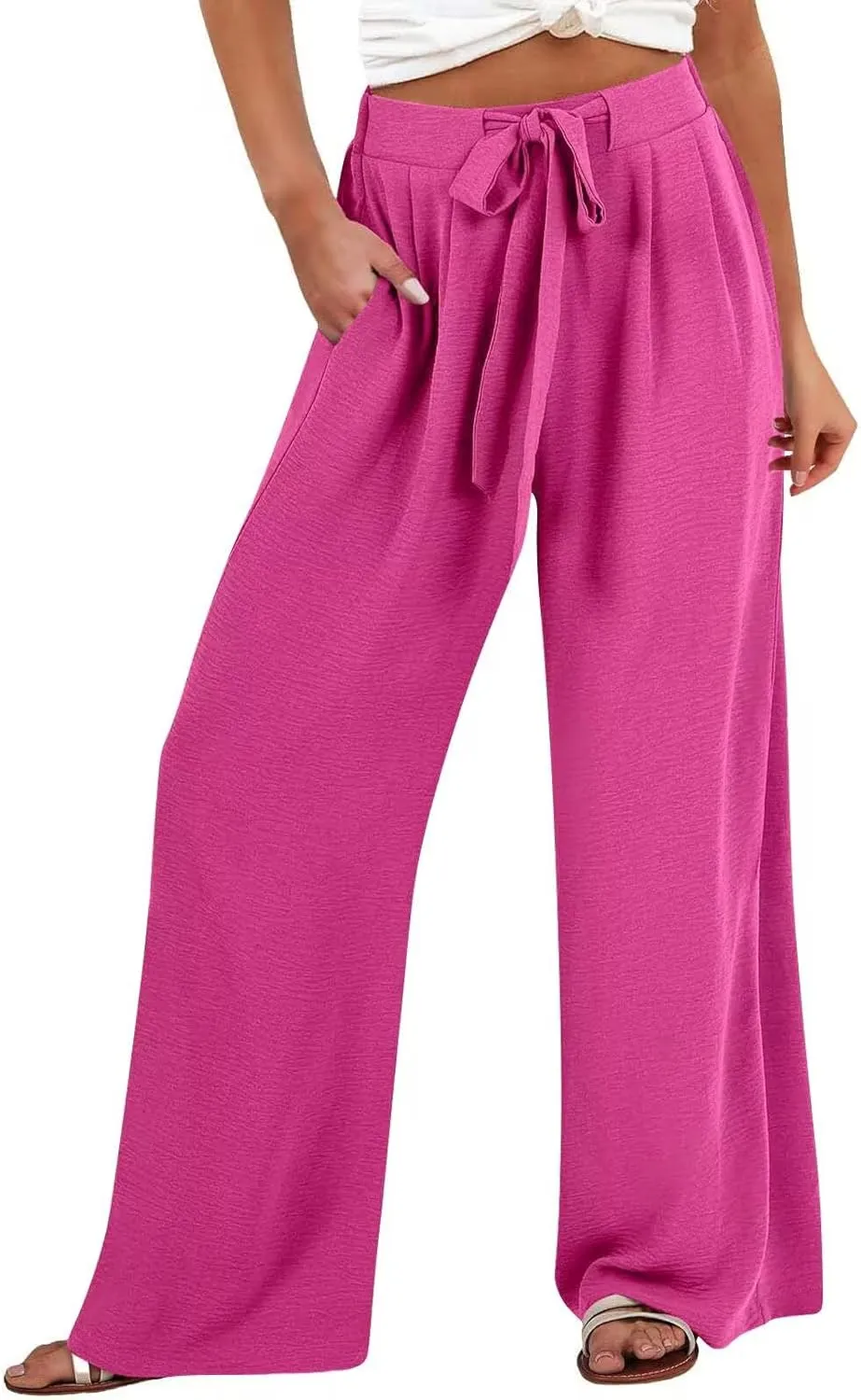 Lastesso Palazzo Pants for Women Casual Linen Wide Leg Business Trousers with Pockets Belted Fold Pleated Lounge Outfits