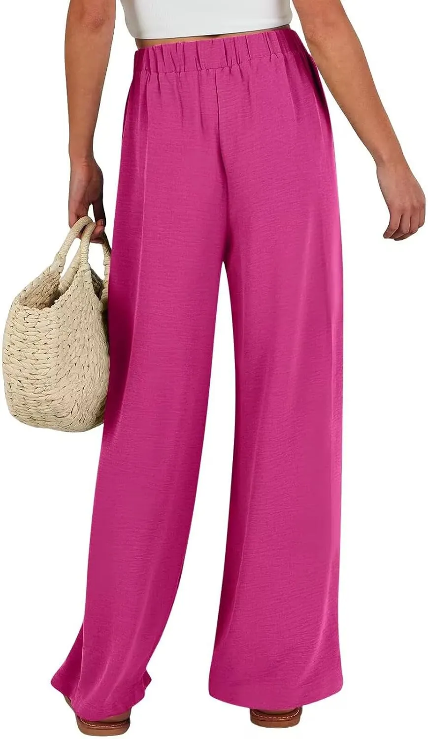 Lastesso Palazzo Pants for Women Casual Linen Wide Leg Business Trousers with Pockets Belted Fold Pleated Lounge Outfits