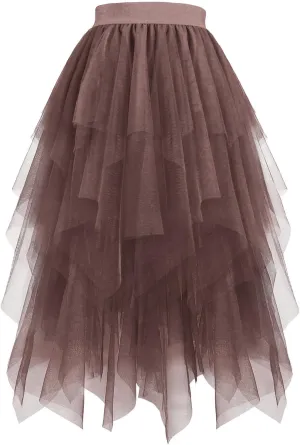 Layered Tulle Skirt for Women Gothic Asymmetrical Mesh Maxi Skirts Fashion High Waist Costume Style