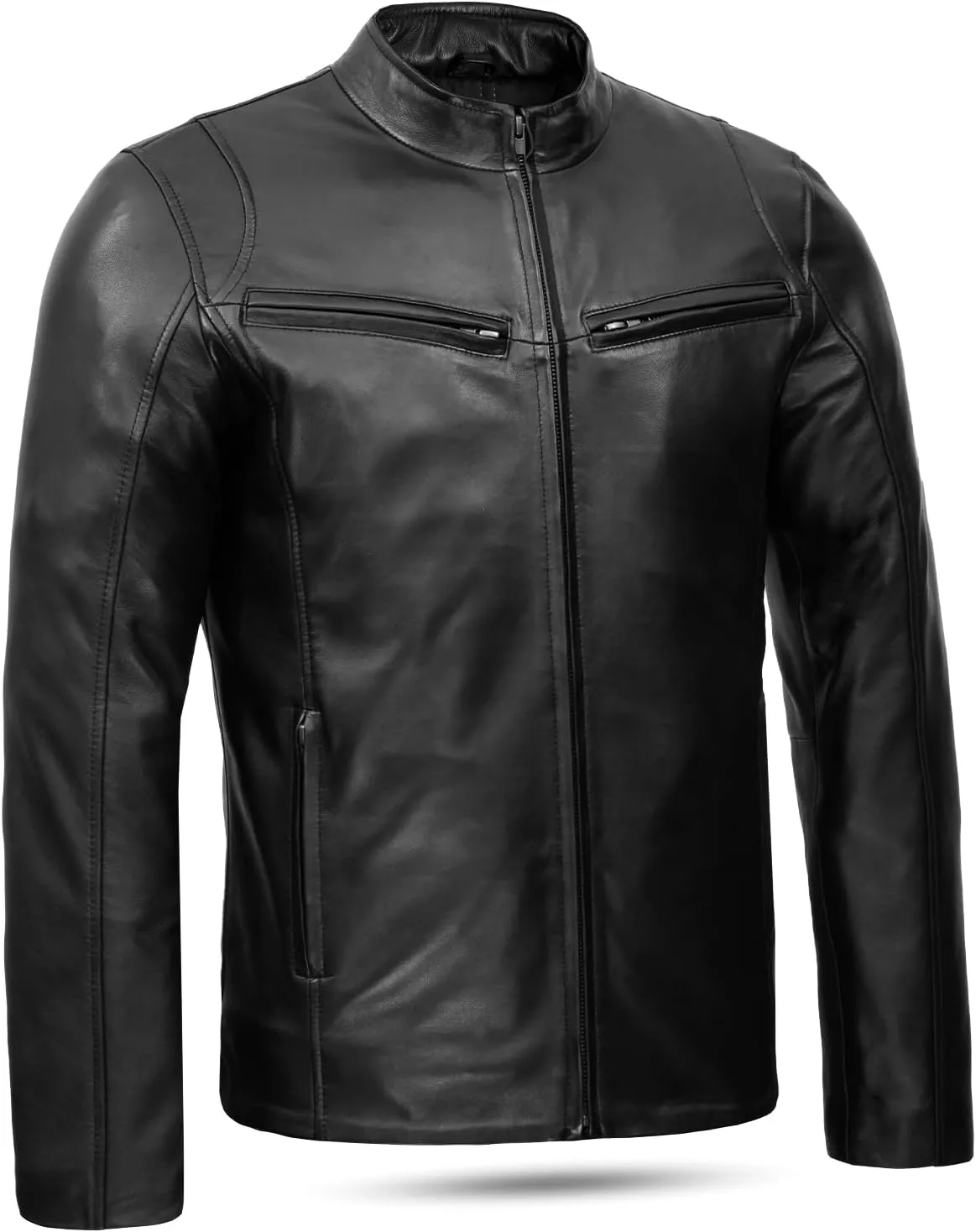 Leatherick Men's Genuine Lambskin Leather Motorcycle Jacket - Full-Grain Black Biker Jacket with Zipper and Multiple Pockets