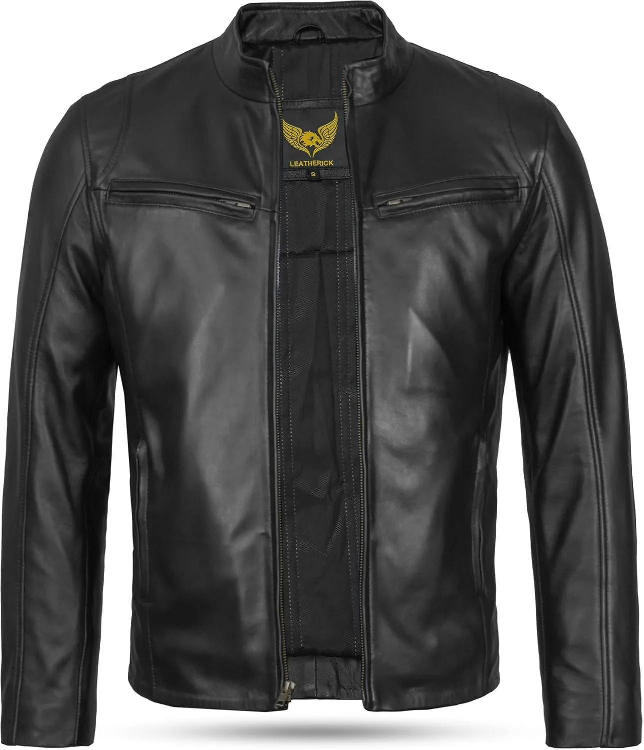 Leatherick Men's Genuine Lambskin Leather Motorcycle Jacket - Full-Grain Black Biker Jacket with Zipper and Multiple Pockets