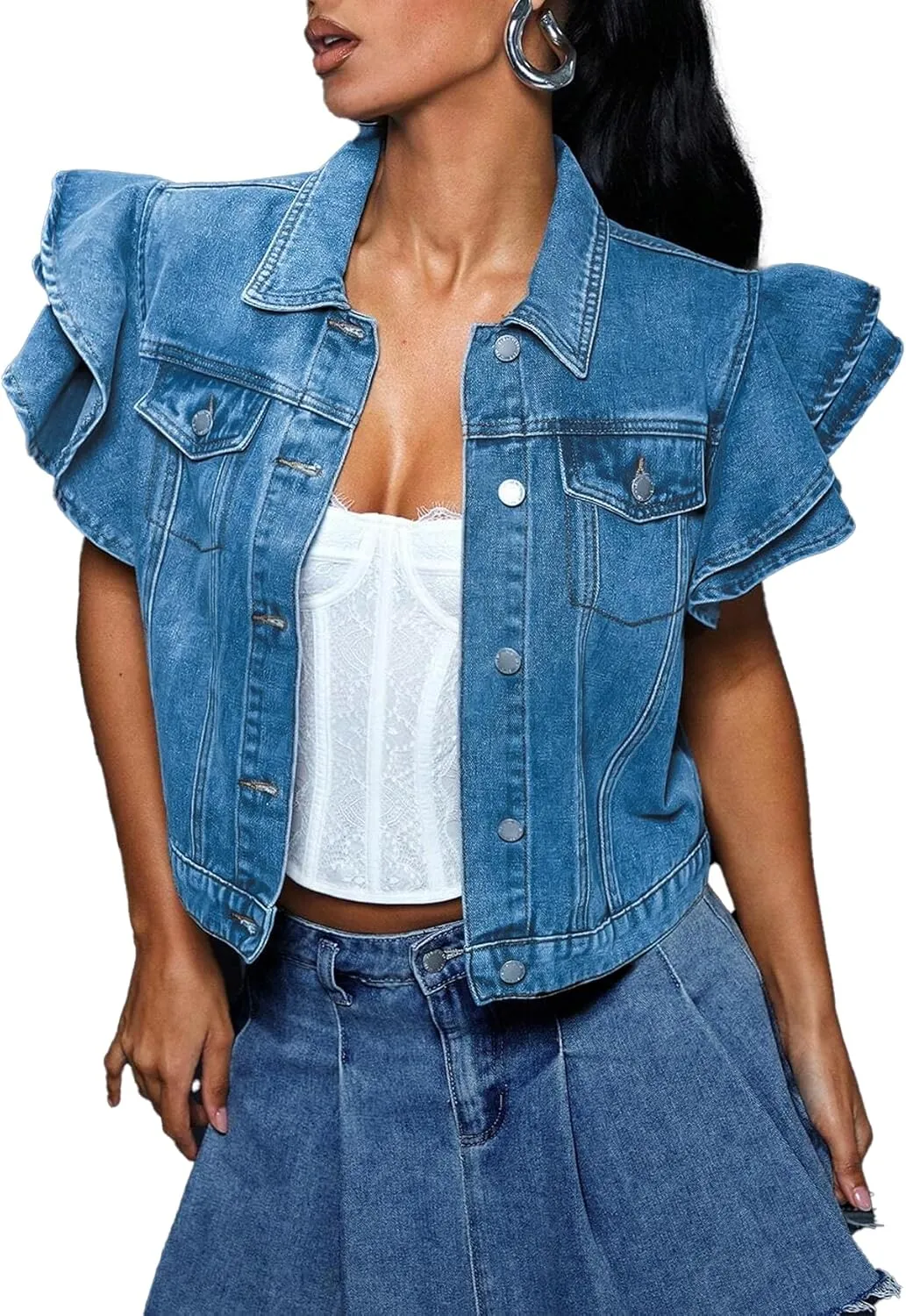 LifeShe Cropped Denim Jacket for Women Summer Ruffle Sleeve Button Down Crop Jean Jacket Casual