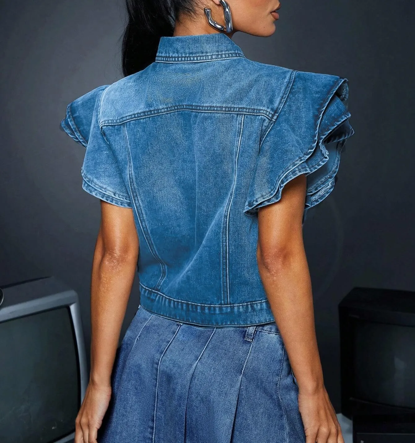 LifeShe Cropped Denim Jacket for Women Summer Ruffle Sleeve Button Down Crop Jean Jacket Casual