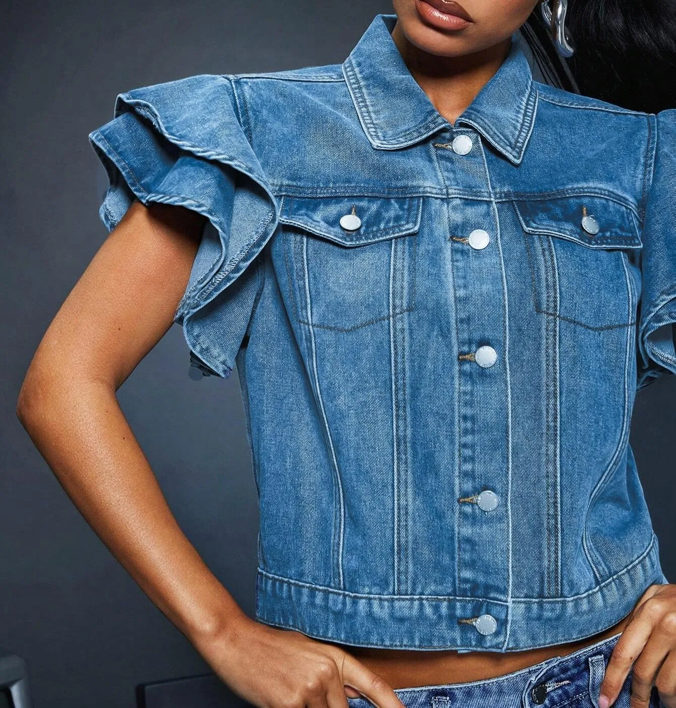 LifeShe Cropped Denim Jacket for Women Summer Ruffle Sleeve Button Down Crop Jean Jacket Casual