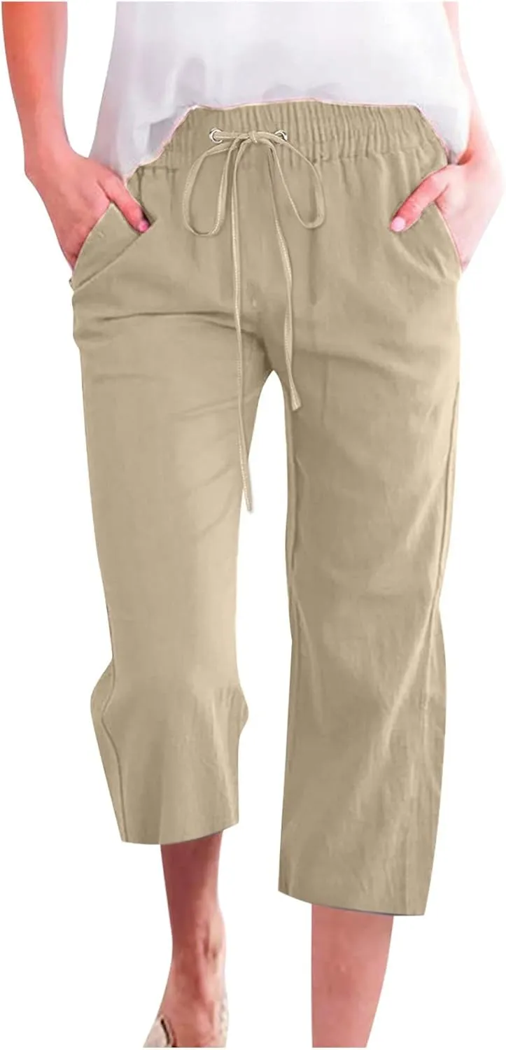 Linen Capri Pants for Women Casual 2024 Summer Drawstring Elastic High Waist Pant Wide Leg Cropped Trouser with Pockets