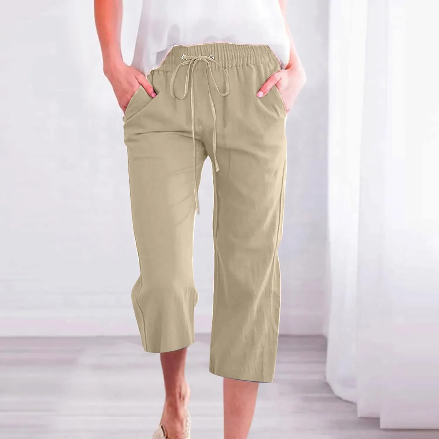 Linen Capri Pants for Women Casual 2024 Summer Drawstring Elastic High Waist Pant Wide Leg Cropped Trouser with Pockets
