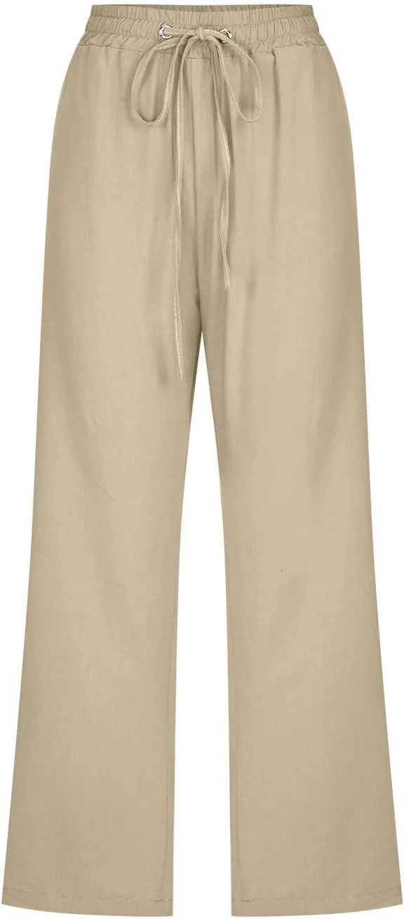 Linen Capri Pants for Women Casual 2024 Summer Drawstring Elastic High Waist Pant Wide Leg Cropped Trouser with Pockets