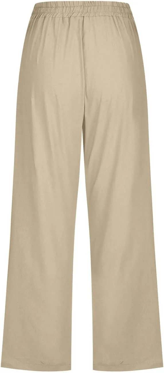 Linen Capri Pants for Women Casual 2024 Summer Drawstring Elastic High Waist Pant Wide Leg Cropped Trouser with Pockets