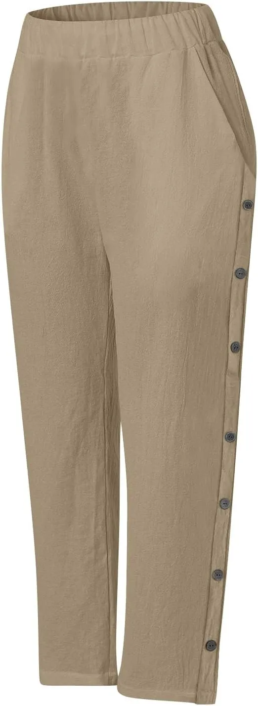 Linen Capri Pants for Women Elastic Waist Casual Palazzo Trousers Stretchy Lounge Trousers Summer Beach Travel Vacation