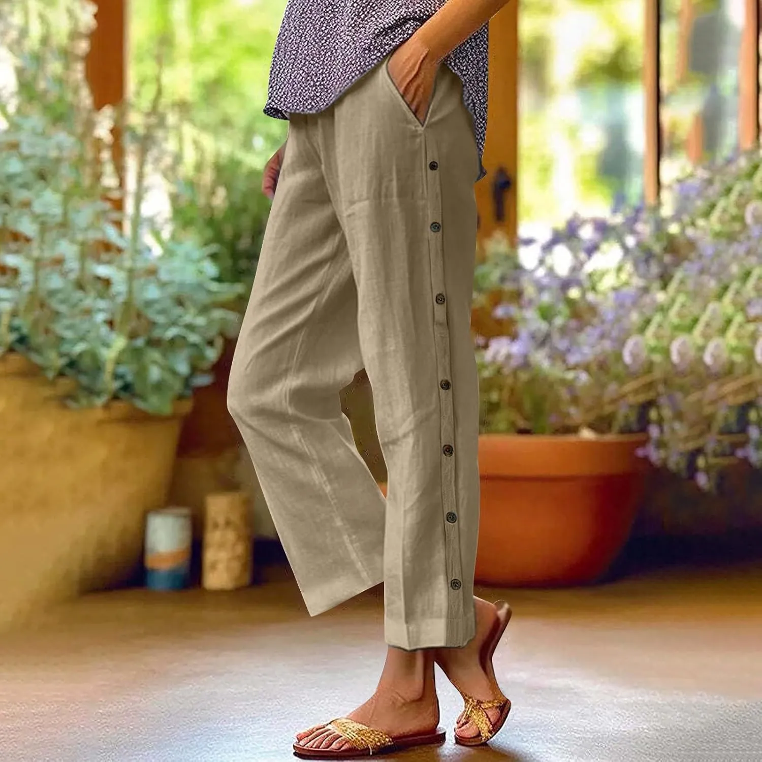 Linen Capri Pants for Women Elastic Waist Casual Palazzo Trousers Stretchy Lounge Trousers Summer Beach Travel Vacation