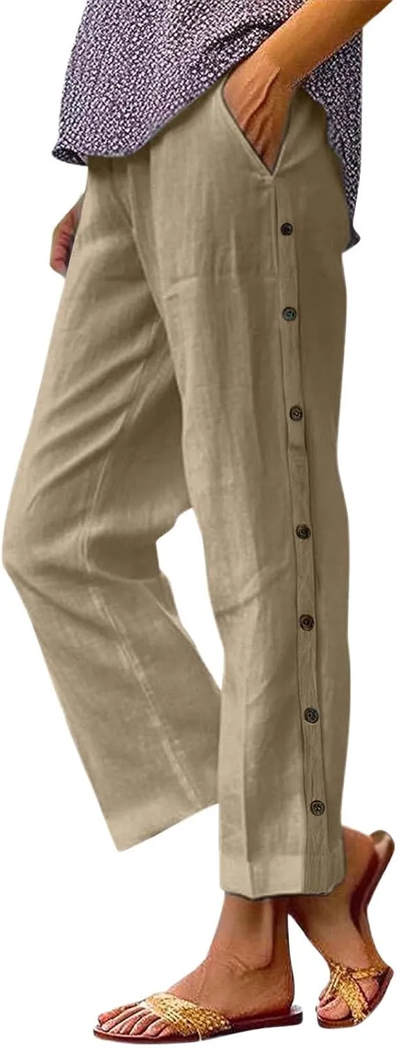 Linen Capri Pants for Women Elastic Waist Casual Palazzo Trousers Stretchy Lounge Trousers Summer Beach Travel Vacation