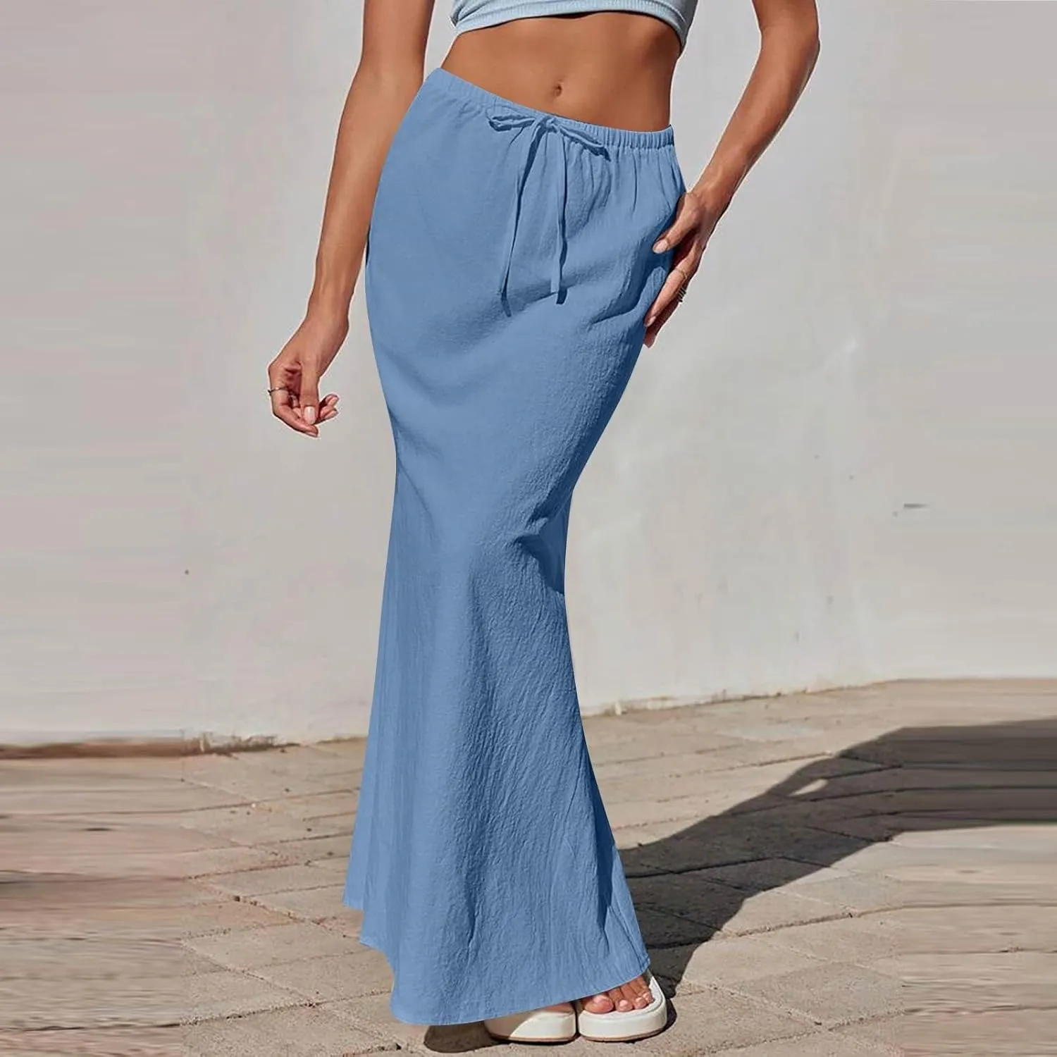 Linen Flared Maxi Skirt with Back Slit - Elastic Waist Drawstring Long Flowy Ankle-Length Skirt with Side Pockets
